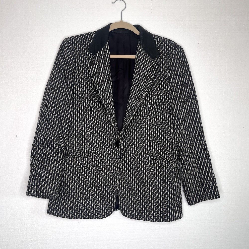 Adolfo Atelier Vintage Black & White Tweed Leather Collar Blazer Jacket sizer 12